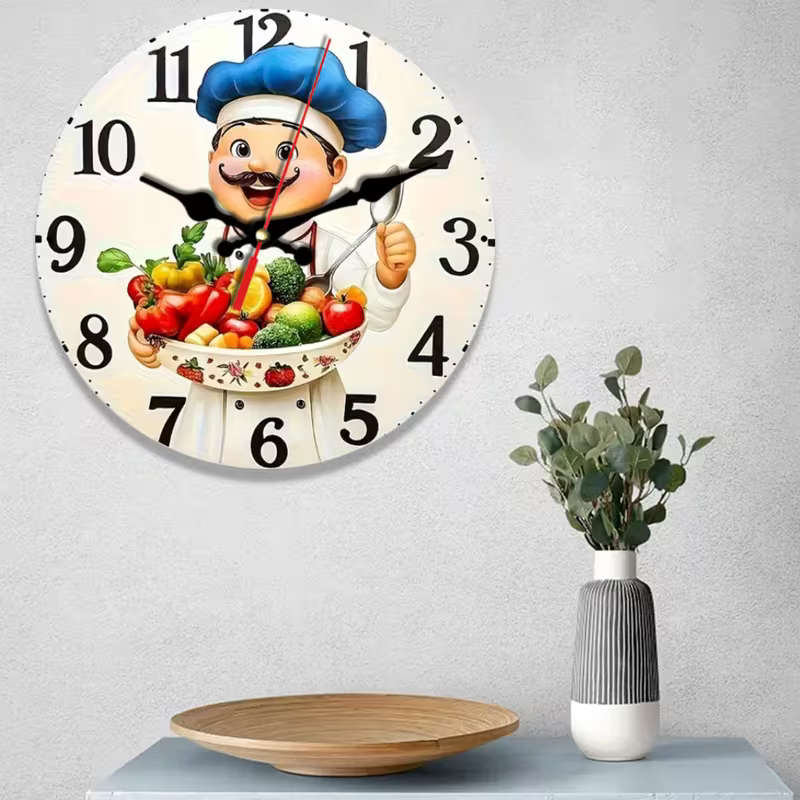 2D Flat Retro Kitchen Wall Clock Cartoon Chef and Vegetable Pattern Size 25cm