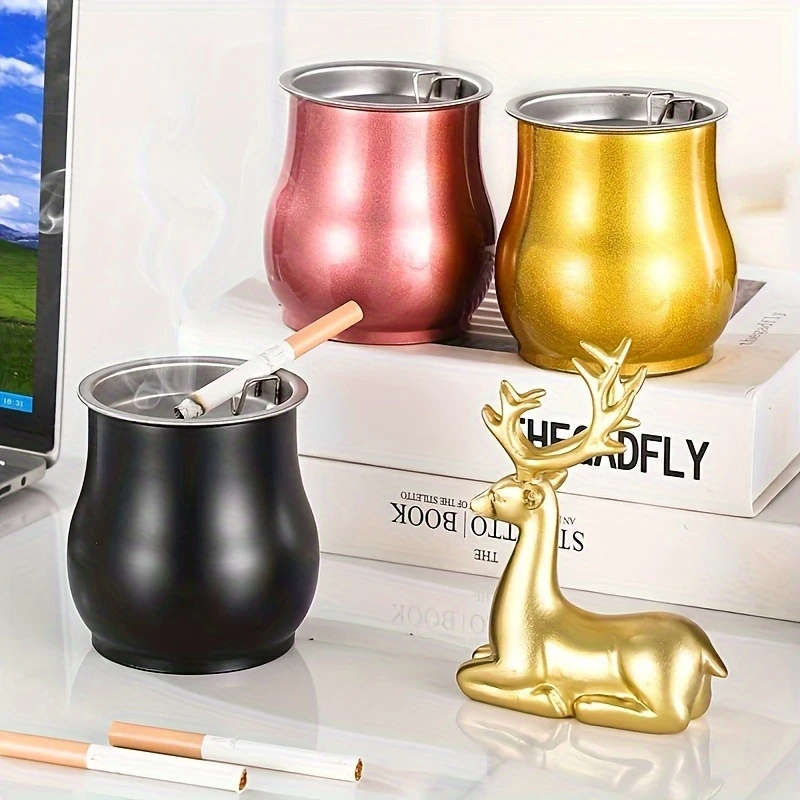 1pc Windproof Stainless Steel Ashtray with Creative Deer Design Smoke-Free for Cars Home Terraces