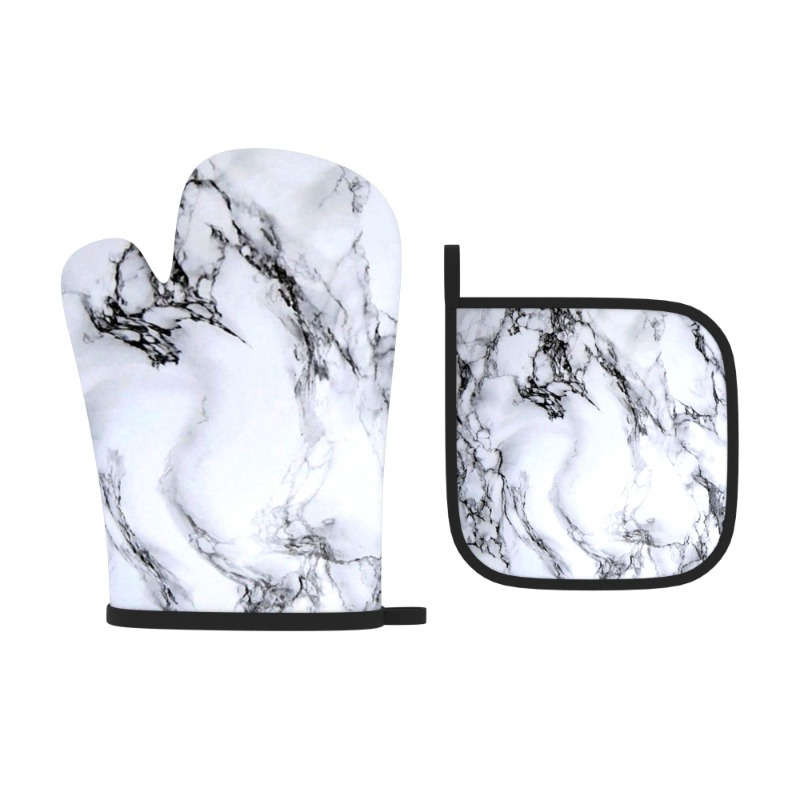 2pcs Marble Pattern Polyester Oven Mitts Heat Resistant Pot Holders Woven Machine Washable