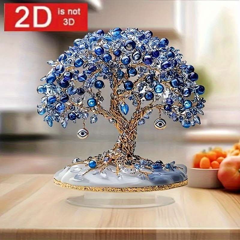 1pc 2D Flat  Elegant  Turkish Evil Eye Tree Acrylic Desktop Decor Blue Clear Beads with Golde