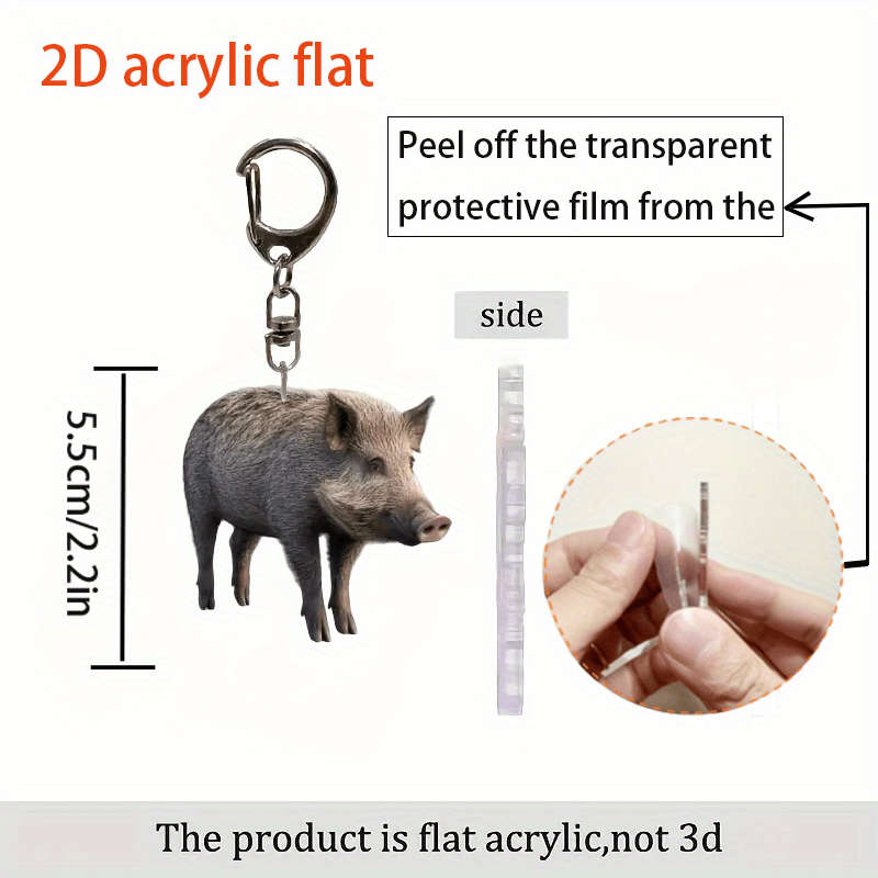 1pc 2D Flat   Cute Wild Boar Acrylic Keychain Waterproof  Design Realistic Fur Texture