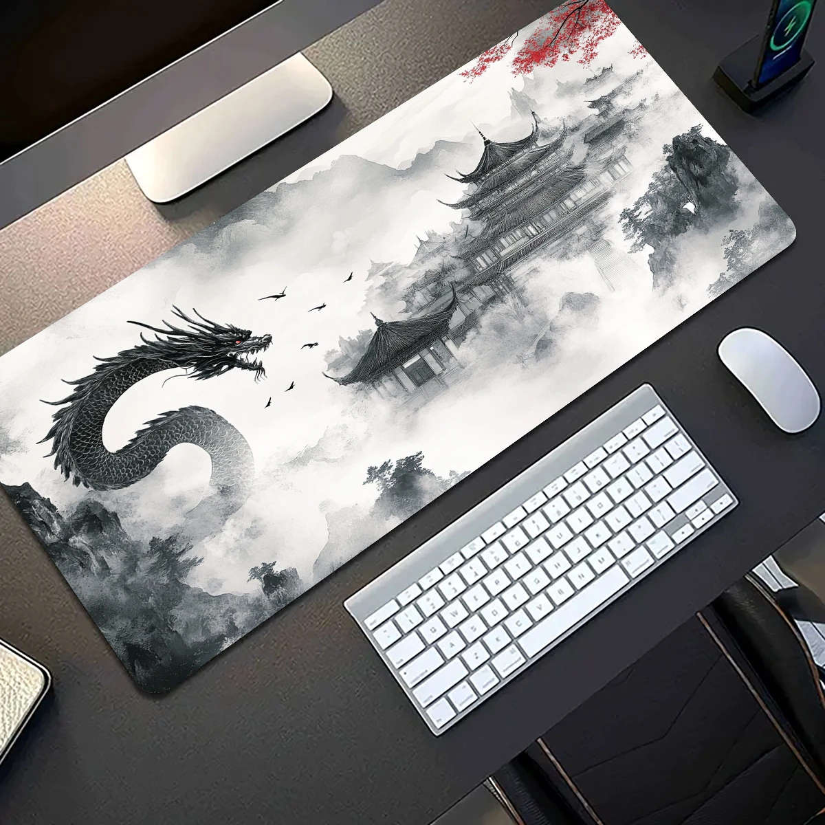 1pc 40x90cm Gaming Mouse Pad Vintage Ink-Style Dragon Design Non-Slip Rubber Desk Mat