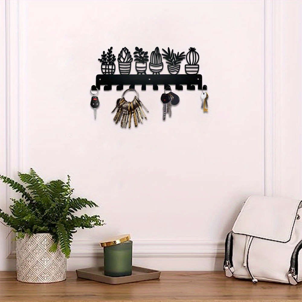 Contemporary Metal Key Holder with 10 Hooks Wall Mounted Keychain Organizer Succulent Plant Design