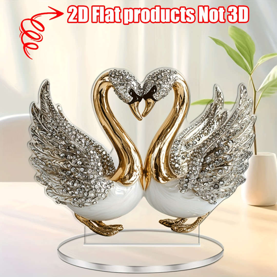 2D Flat  Acrylic Swan Sculpture 18.03Cm X 14.0Cm Elegant White Golden-Toned