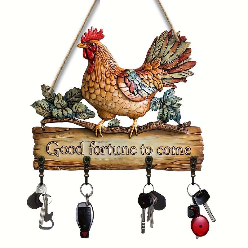 1 piece2Dflat Colorful Chicken Simple Colorful Wooden Household Key Hook with Four Metal Hooks(5.0