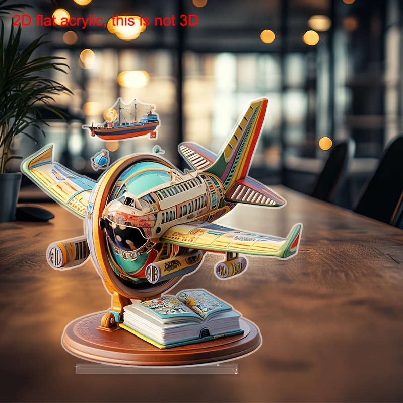2D Flat Vibrant Acrylic Airplane Globe Tabletop Decor Colorful Rainbow Design Perfect For