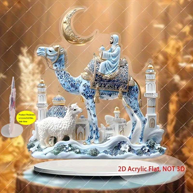 1pc 2D Flat  Acrylic Flat Traditional Mosque Shepherd Scene Decor with Camel Sheep Vibrant Blue