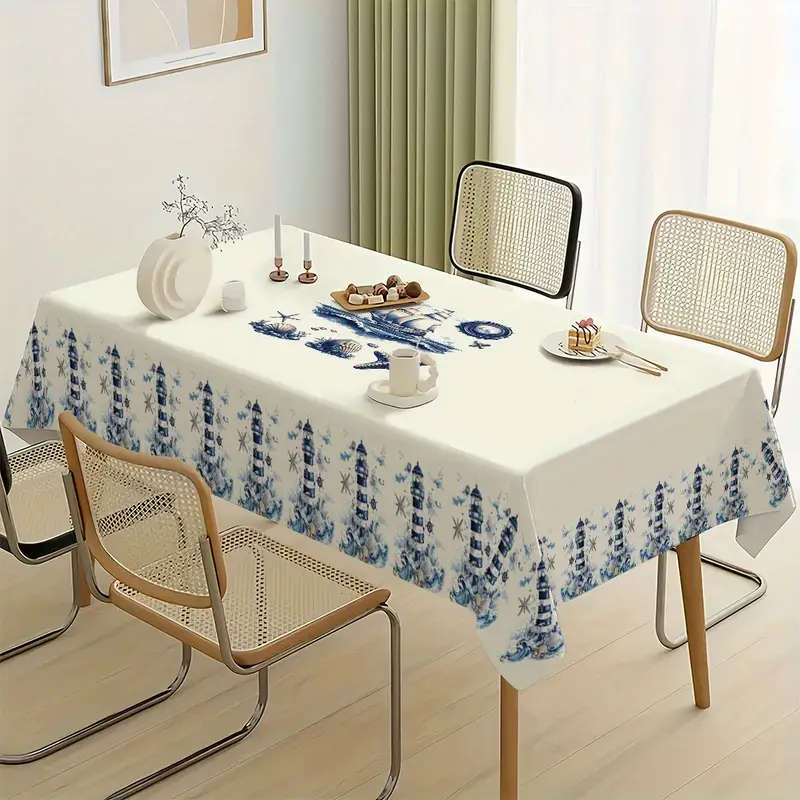 Sailboat Starfish Shell Lighthouse Pattern Table Runner Size 140X180Cm Ocean Theme Polyester