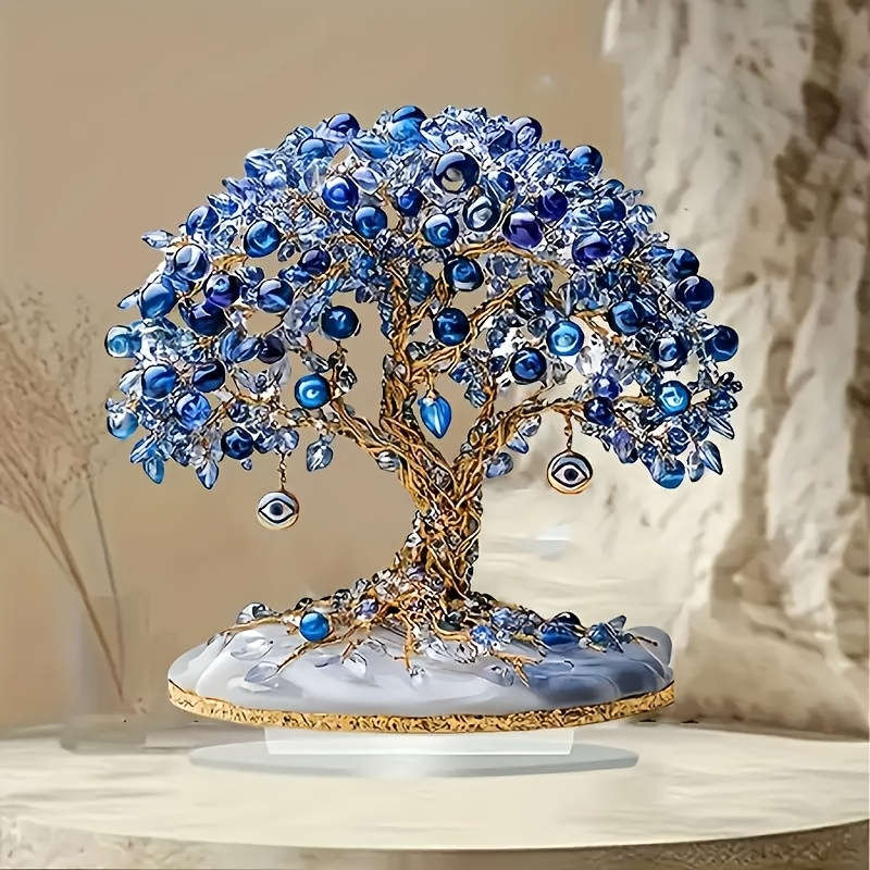 1pc 2D Flat  Elegant  Turkish Evil Eye Tree Acrylic Desktop Decor Blue Clear Beads with Golde