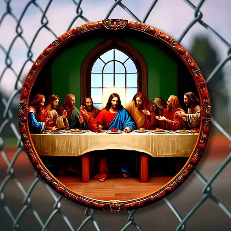 1pc Vintage Aluminum Last Supper Wall Art 19.81cm Round Sign with Stained Glass Design Waterproof Fa