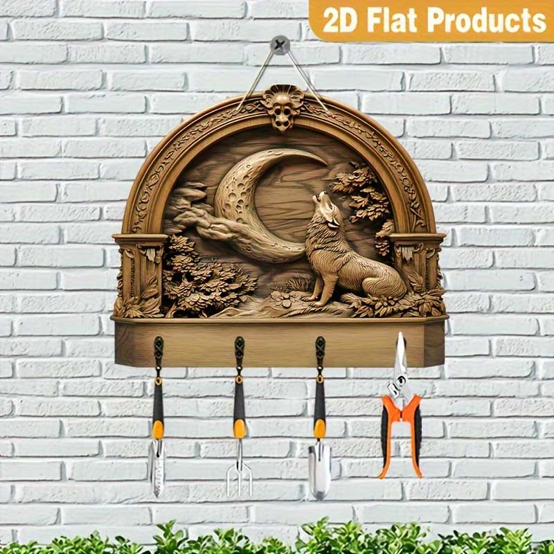 2D Flat Moon Wolf Simple Colorful Wooden And Home Key Holder With Four Metal Hooks 2D Flat Wal
