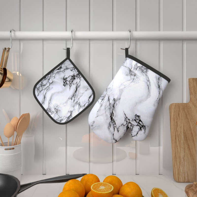 2pcs Marble Pattern Polyester Oven Mitts Heat Resistant Pot Holders Woven Machine Washable