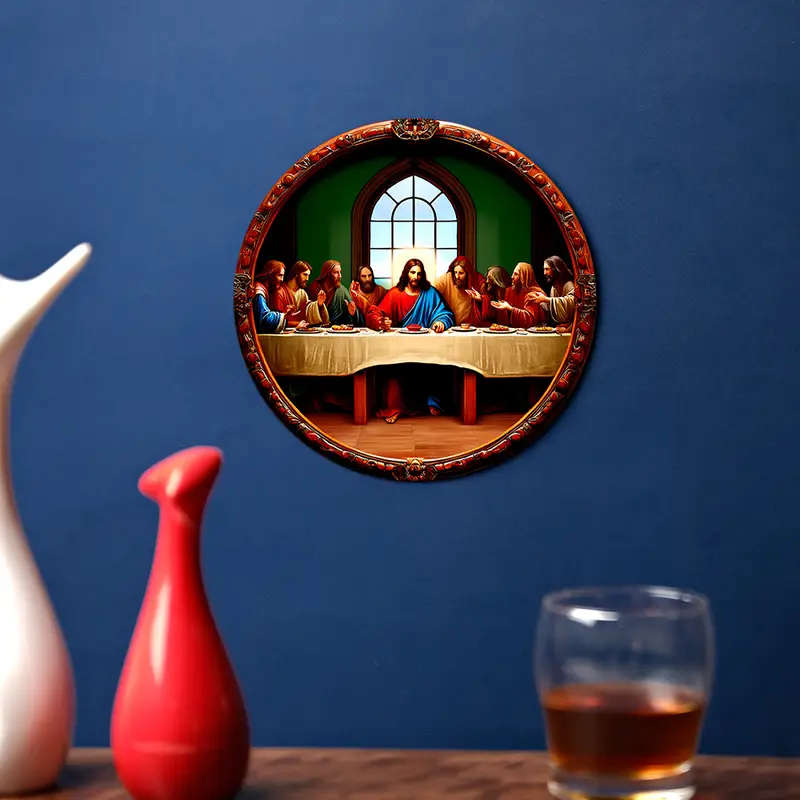 1pc Vintage Aluminum Last Supper Wall Art 19.81cm Round Sign with Stained Glass Design Waterproof Fa