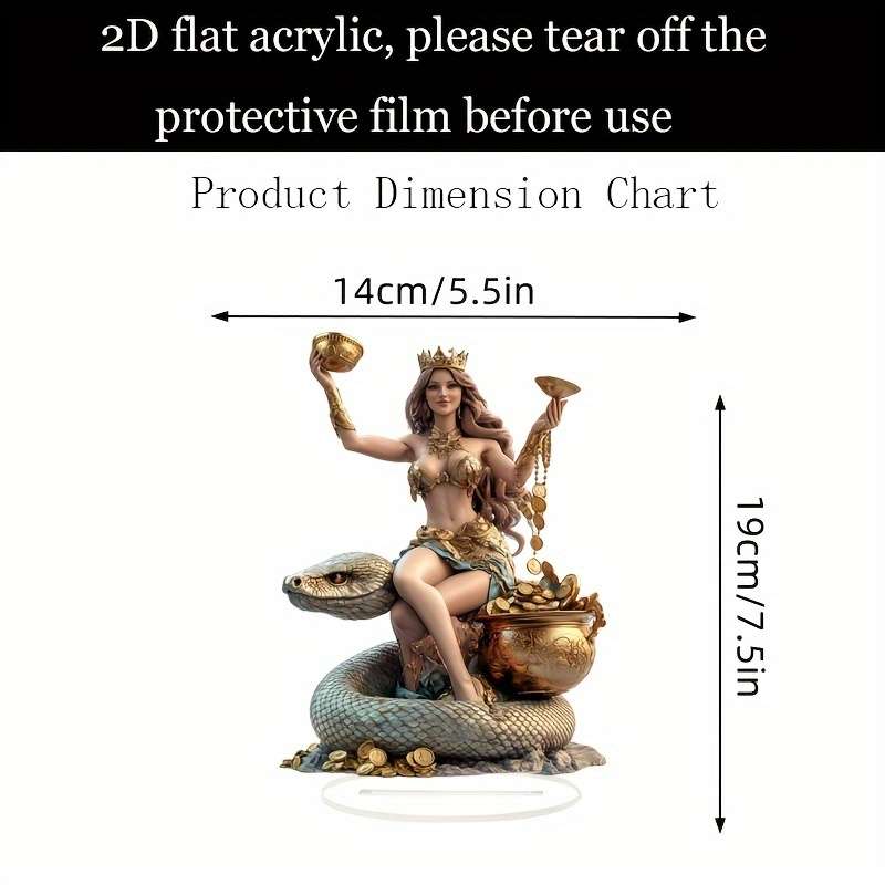 1pc 2D Flat  Elegant Bohemian  Acrylic Snake Goddess Statue with Golden Accents Luxurious Deskt