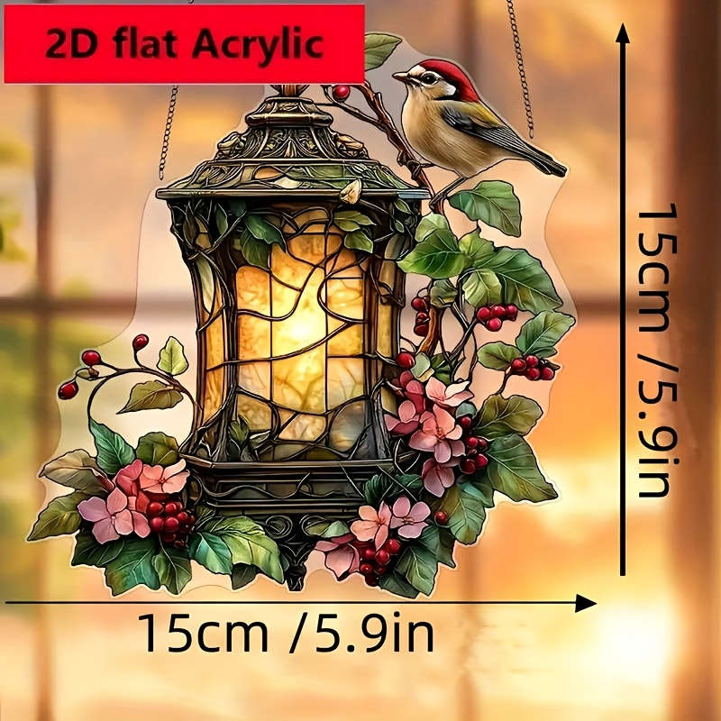 2D Flat Charming Bird And Lantern Colorful Acrylic Pendant 5.9X5.9 Acrylic Garden-Them