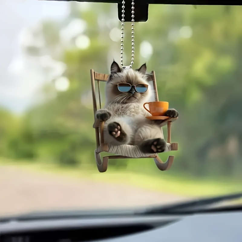 2D Flat 4pcs Imitation Glass Flat Pendant with Chain Relaxed Coffee Cat Car Inte