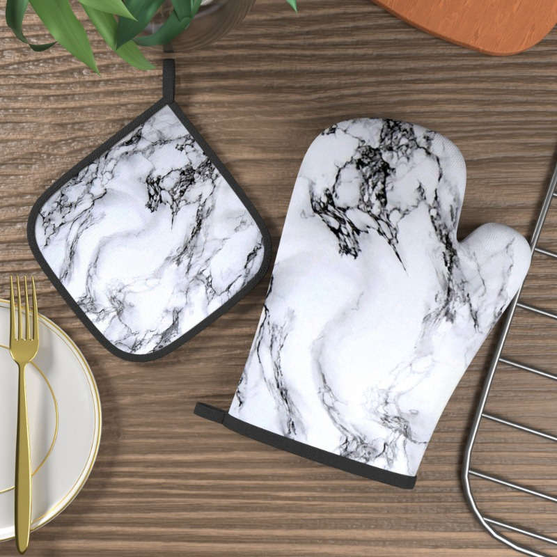 2pcs Marble Pattern Polyester Oven Mitts Heat Resistant Pot Holders Woven Machine Washable