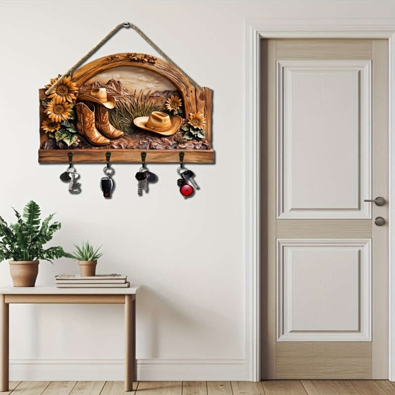 A Sunflower Cowboy Hat a Simple Colorful Wooden Key Hook with Four Metal Hooks (30.0cm X 24.99cm)