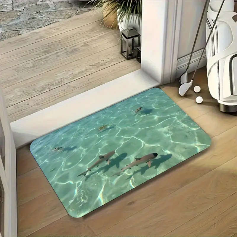 Underwater Shark Pattern Bathroom Anti-Slip Mat, Diatom Mud Floor Rug - Quick-Dry Absorbent