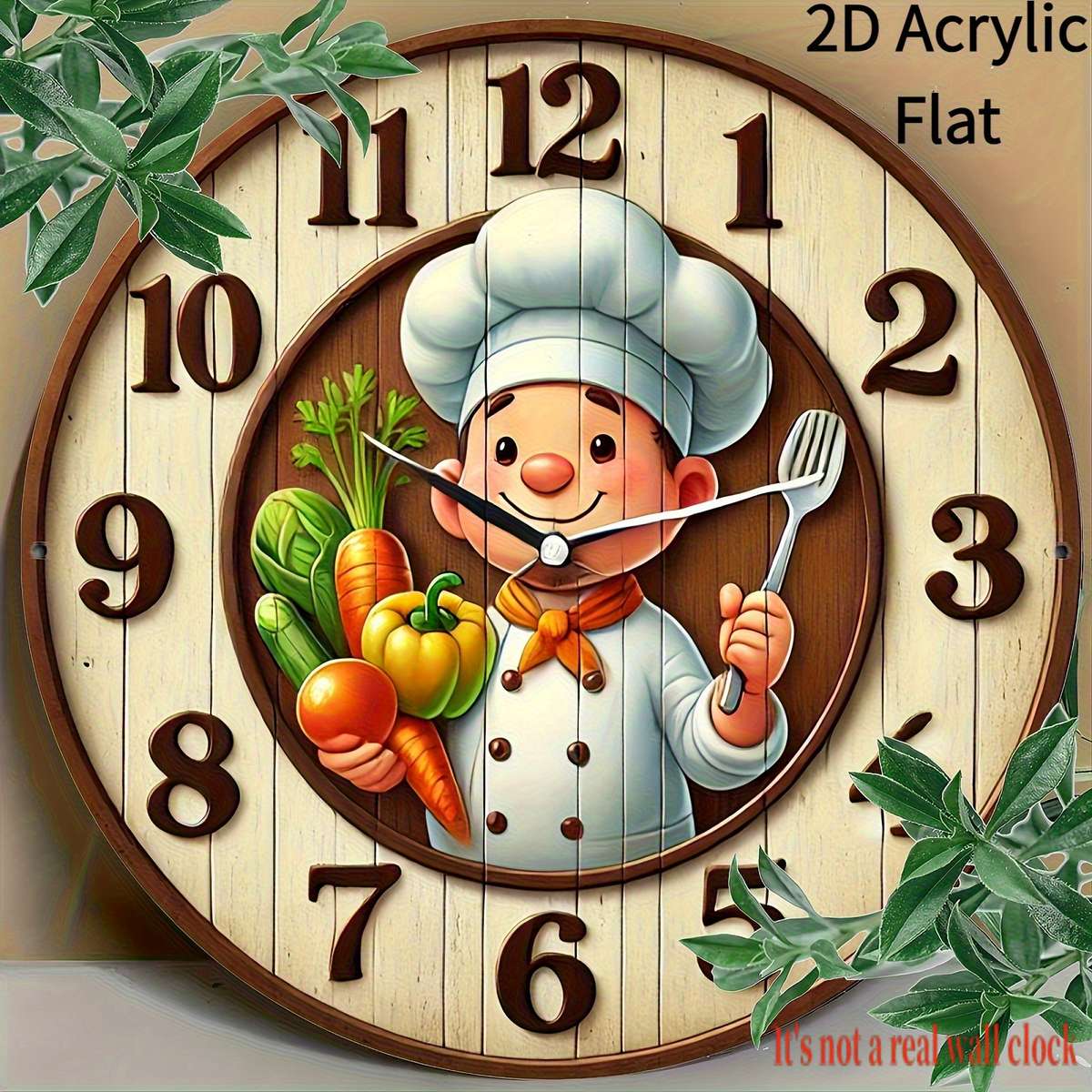 1pc 2D Flat 19.99cm Modern Chef-Themed Round Wall Clock Handcrafted Wooden Decor Not real clock