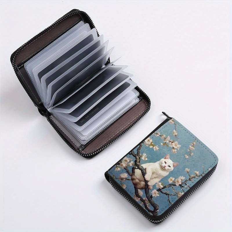 Street Style Faux Leather Wallet With Geometric Cat On Tree Print Lightweight Unlined Zip