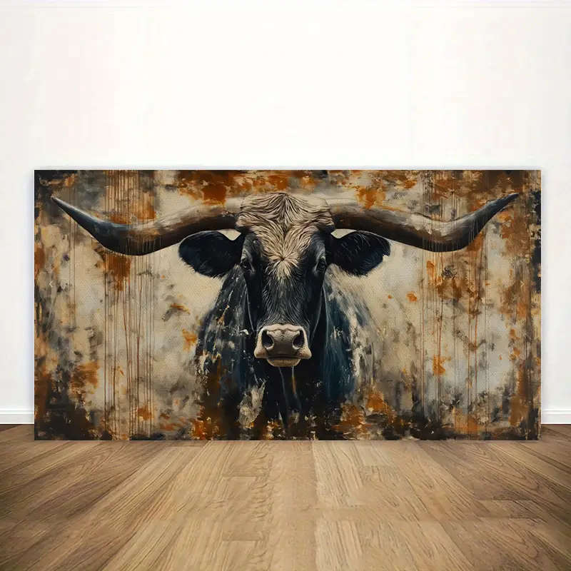 Rustic Longhorn Bull Canvas Art Print - Modern Farmhouse Wall Decor, Unframed