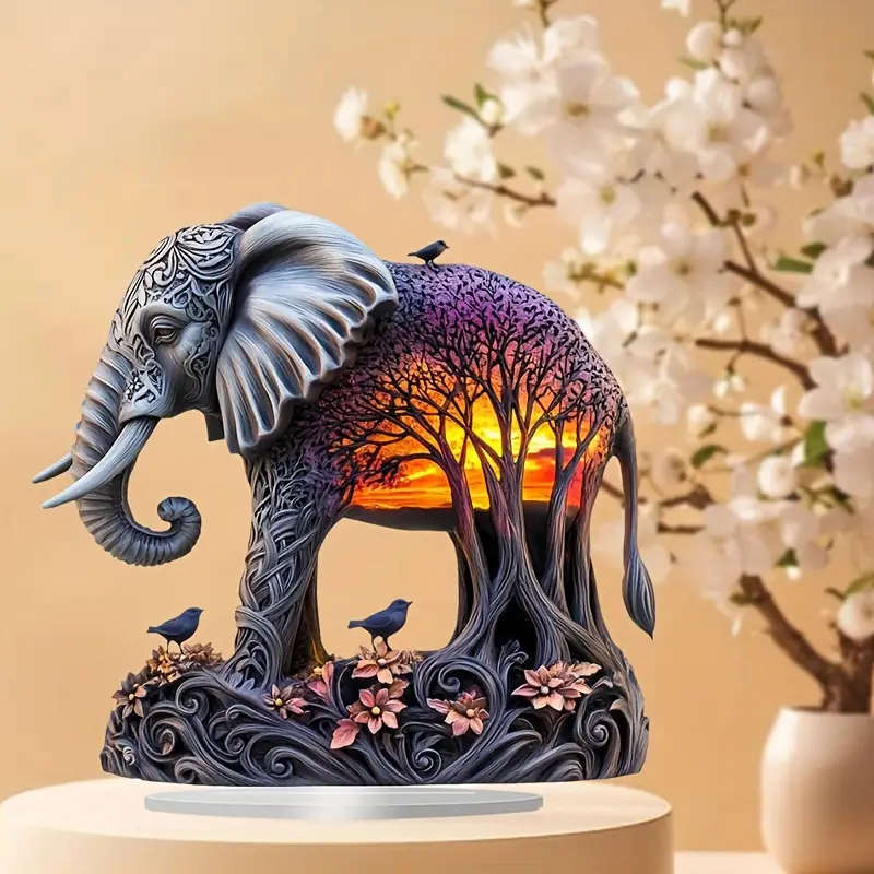 1pc 2D Flat Bohemian Sunset And Forest Elephant Decorations Acrylic Material Tabletop Boho Style