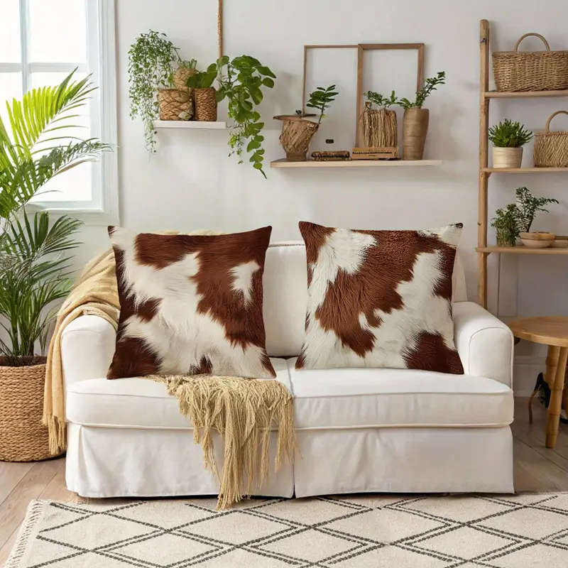 2 Piece Vintage Farmhouse Cowhide Faux Fur Throw Pillow Covers, 45.72 x 45.72 cm
