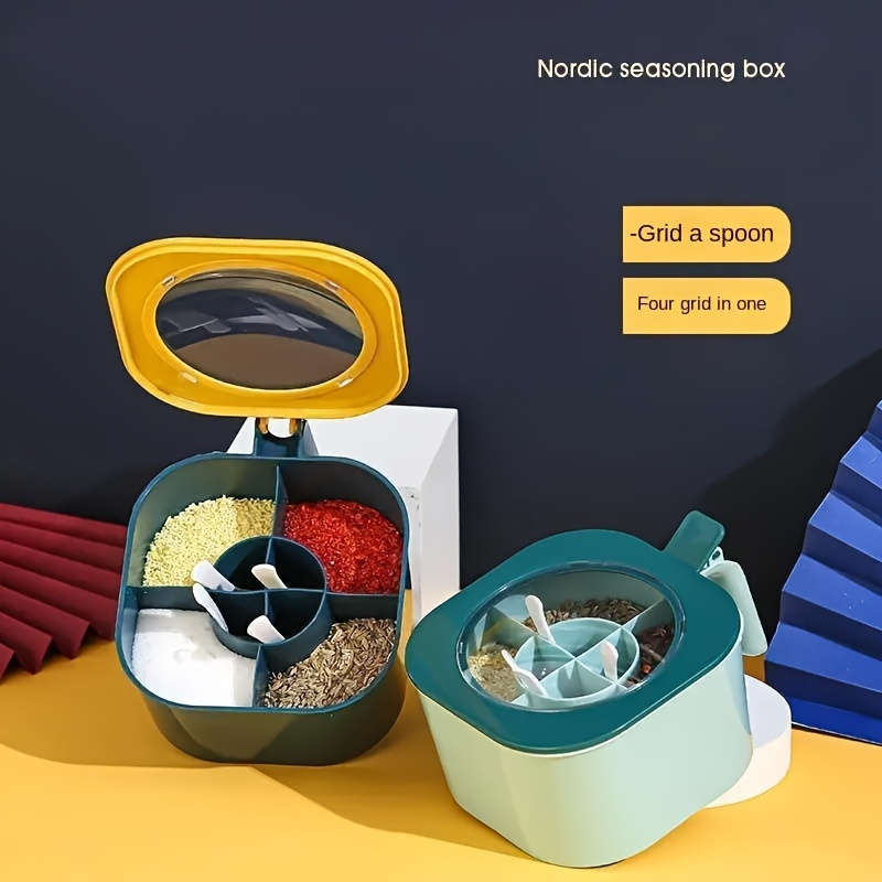 1pc 4-in-1 Large Capacity Seasoning Box with Lid and Spoon Durable ABS Material Four Compar