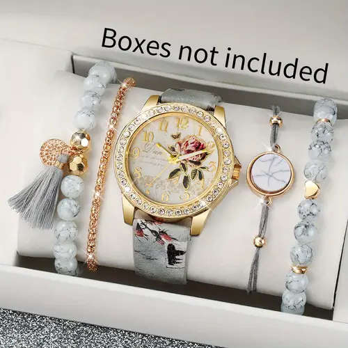 5pcs set Elegant Women'S Quartz Watch and Bracelet Combo Floral Dial Round Alloy Case Faux Leather B
