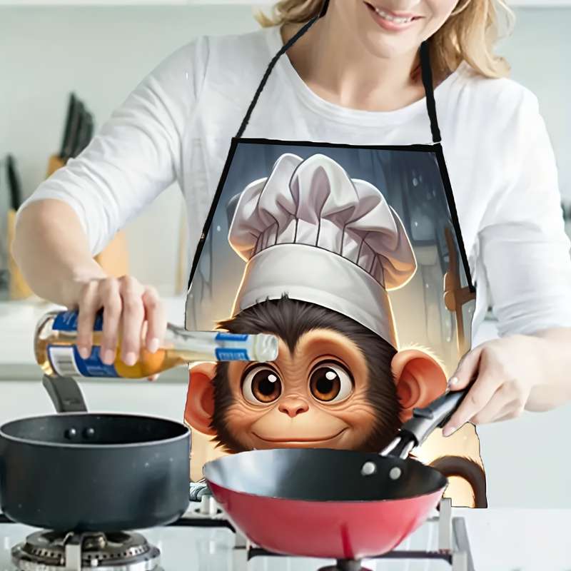 1pc Fun Monkey Chef Hat Printed Sleeveless Polyester Apron for Home Kitchen Baking Durable L