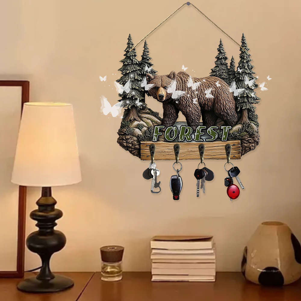 Vintage Forest Bear Wall HookRustic Wooden Key Holder with Brown Bear  Pine Tree Design Perfect