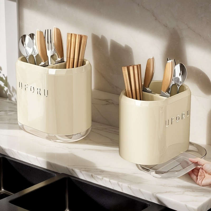 1pc Wall Mounted Kitchen Utensil Rack Plastic No Drilling Required Knife Holder with Drainag