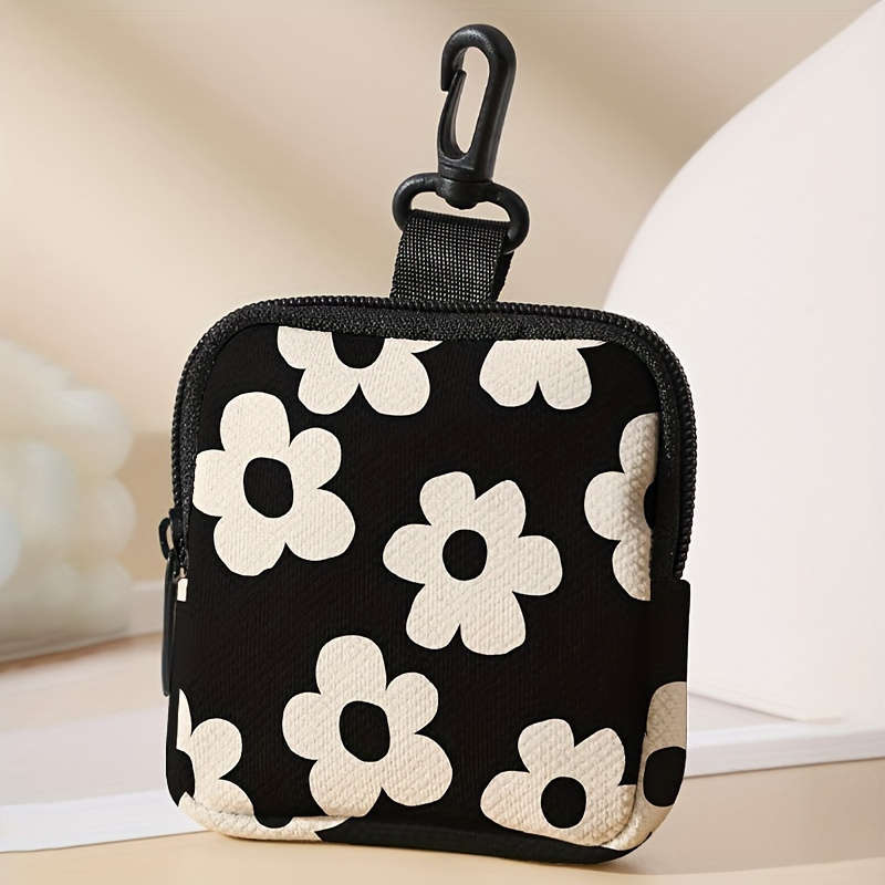 1pc Chic Black White Floral Pattern Coin Purse with Zipper Large Capacity Multi-Functional Han