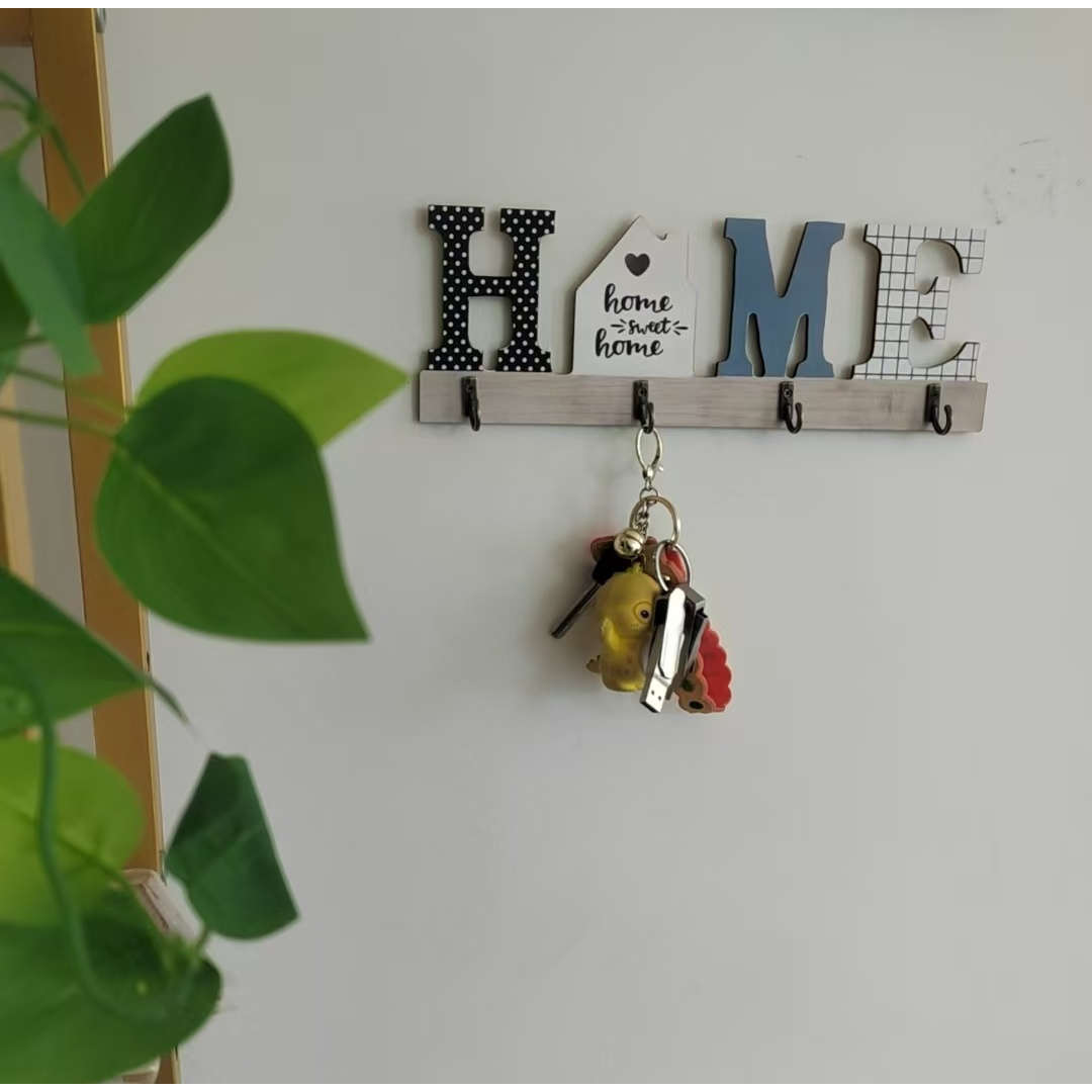 Rustic Wooden Floating Frame Hook Wall DecorAntique Key Holder with HOME Sign Easy Install Entry