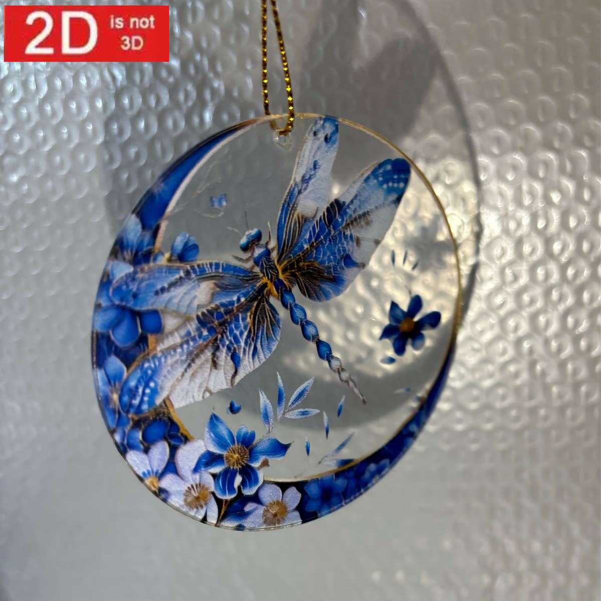 1pc 2D Flat  7.62cm Bohemian Acrylic Dragonfly Sun Catcher with Blue and White Porcelain Design I