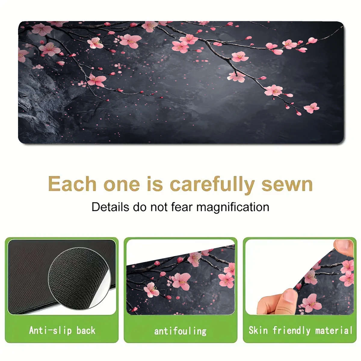 30x80cm Cherry Blossom Gaming Mouse Pad Dark Aesthetic Design with Pink Flowers