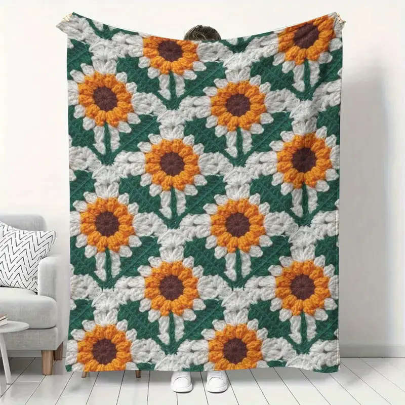1pcs Improved Sunflower Crochet Plaid Design Print Blanket 75*100CM