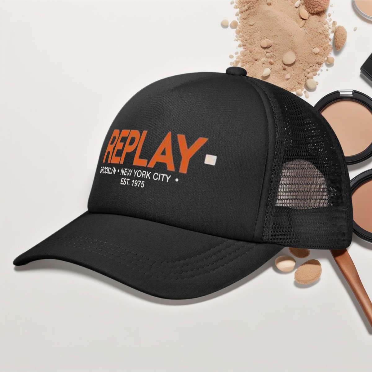 Replay Brooklyn 1975 Baseball Cap Adjustable Breathable Mesh Back Black With Orange Logo P