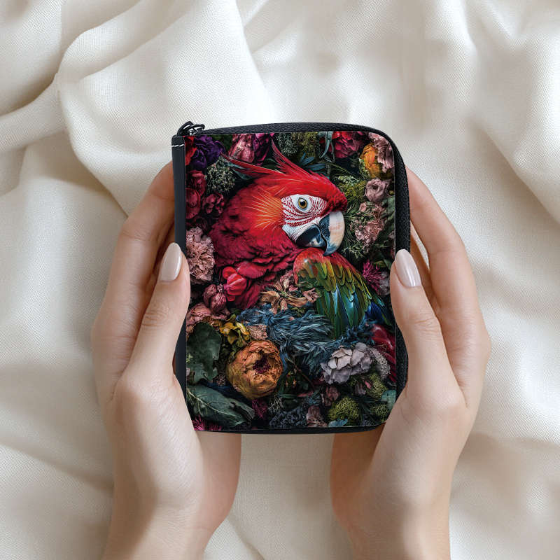 Tropical Parrot Print Womens Wallet Vibrant Floral Bird Design Multi-Card Slots Zipp