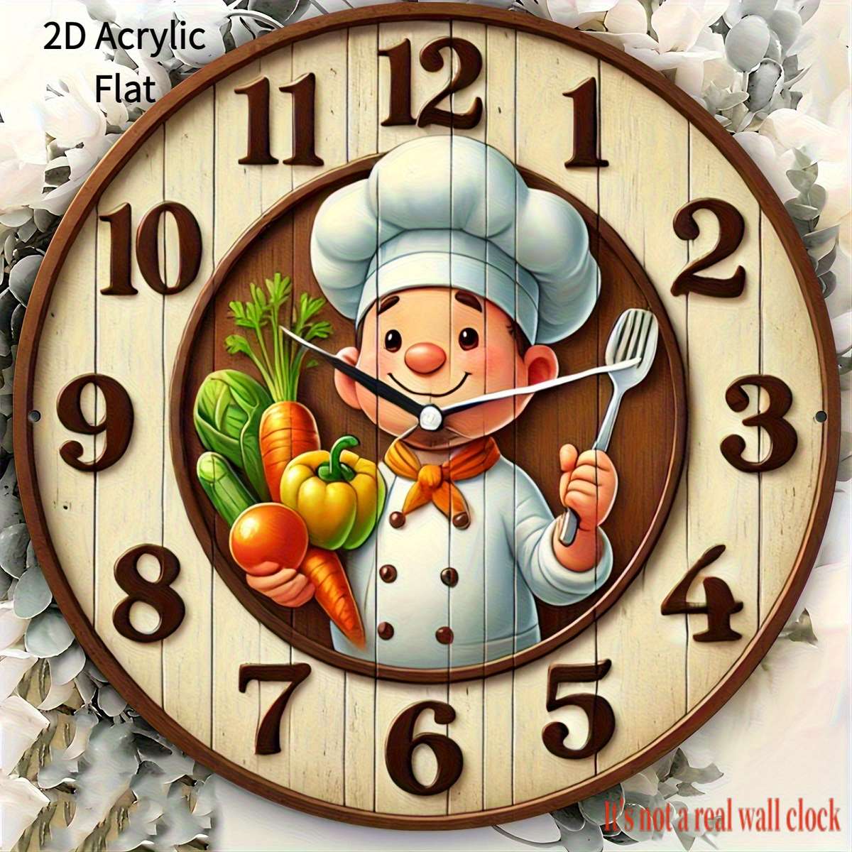 1pc 2D Flat 19.99cm Modern Chef-Themed Round Wall Clock Handcrafted Wooden Decor Not real clock