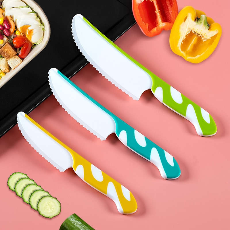 3pcs ABS Plastic Fruit Knife Set Serrated Bread Toast Knife Cake Cutting Knife Beginner Safe