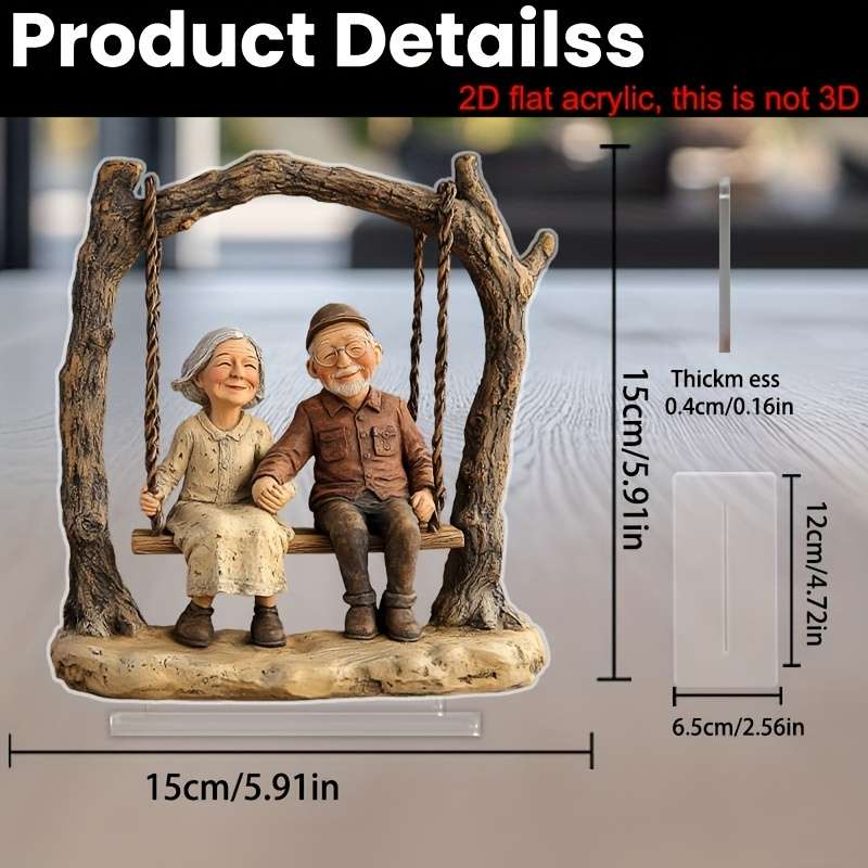2D Flat Acrylic Acrylic Elderly Couple on Swing Decorative Statue Bohemian Style Tab