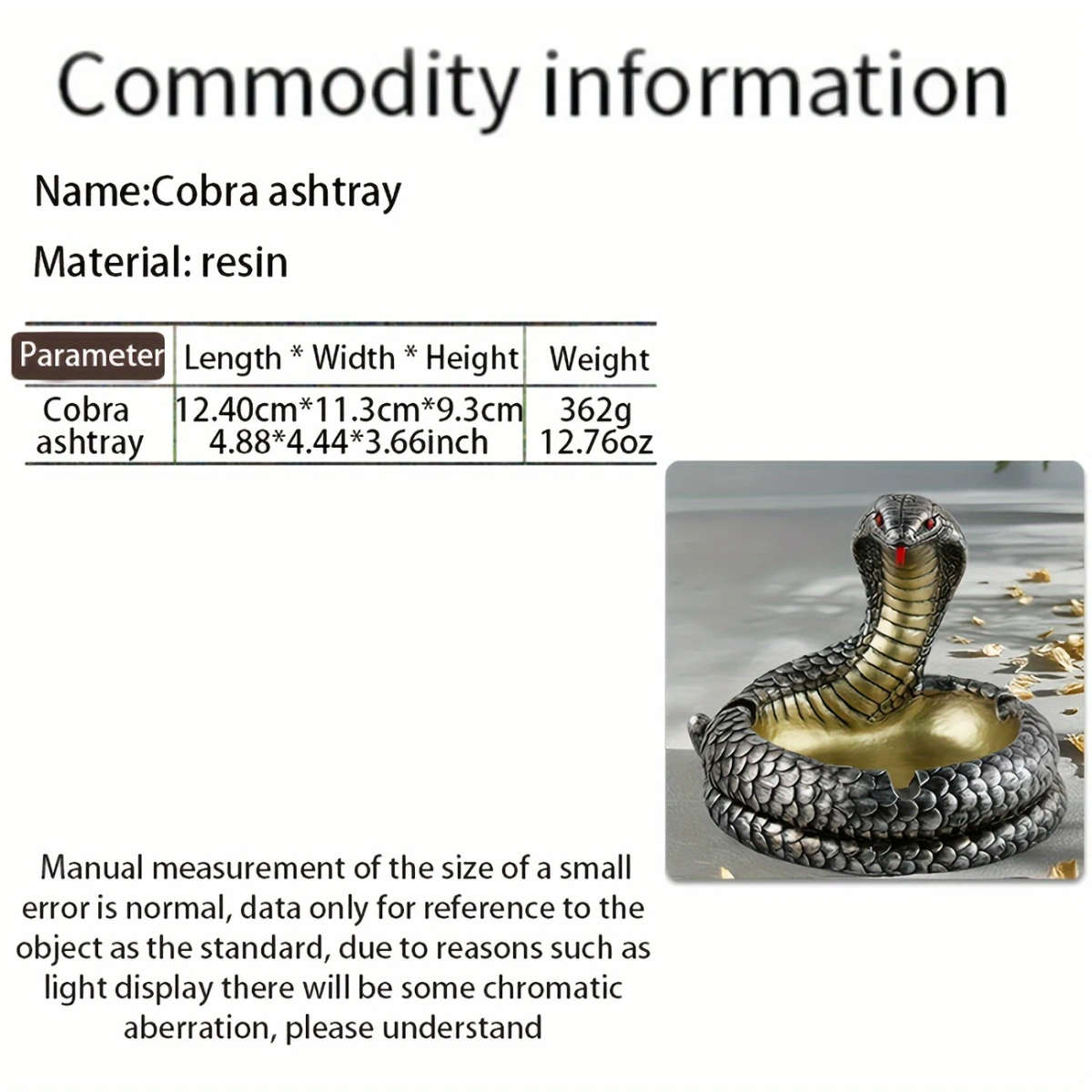 Classic Resin Cobra Ashtray With Decorative Eye Design Unique Irregular Shape Golden Interior Ho