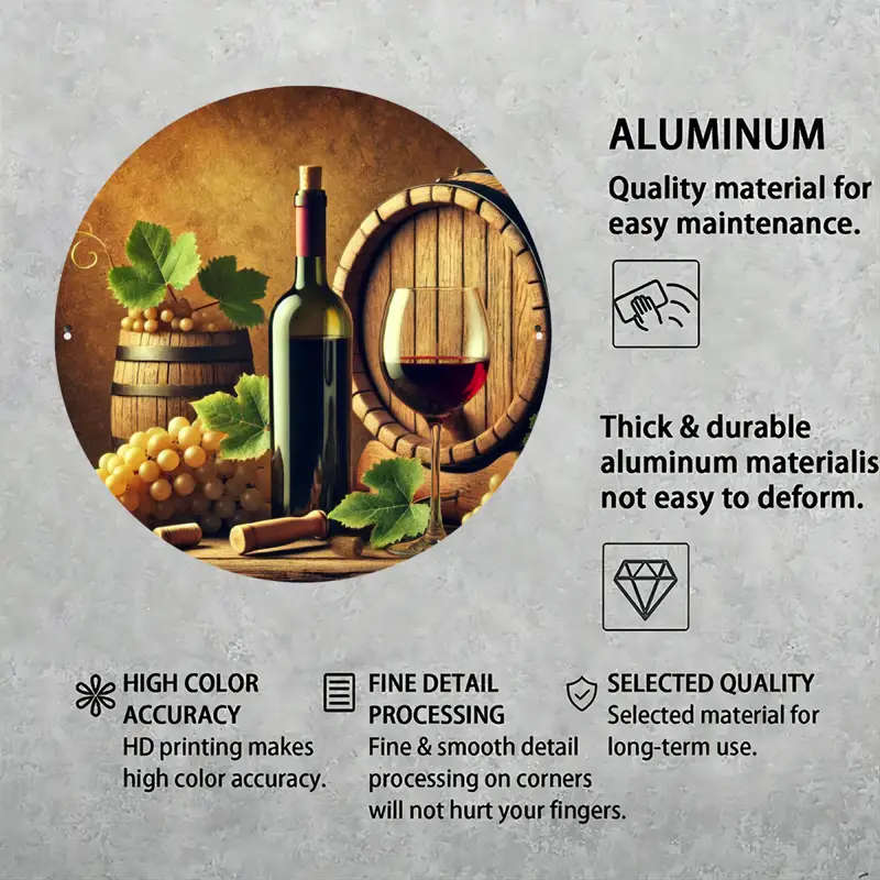 Vintage-Themed Grape And Barrel 2D Round Aluminum Sign High-Definition Foil Engraving Wall Decor