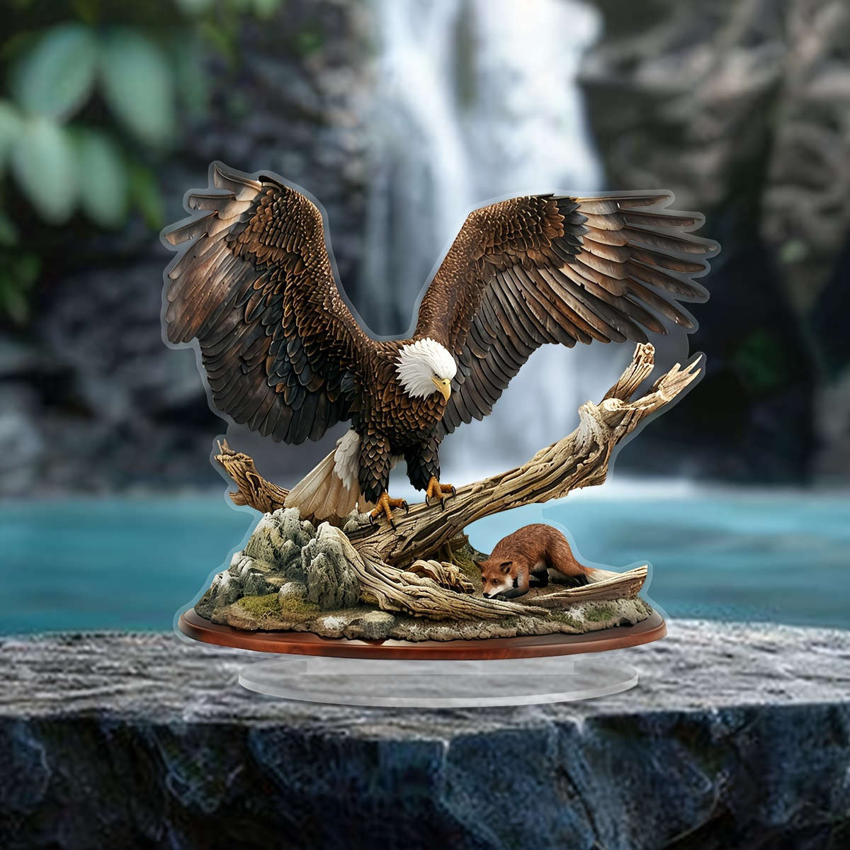 2D Flat Boho Acrylic Eagle Decor with Mountain Forest Base Majestic Eagle Perched