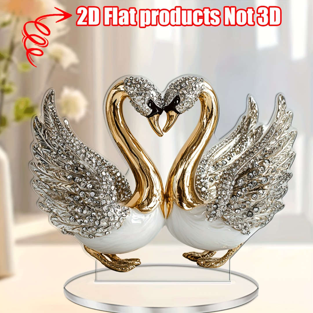 2D Flat  Acrylic Swan Sculpture 18.03Cm X 14.0Cm Elegant White Golden-Toned