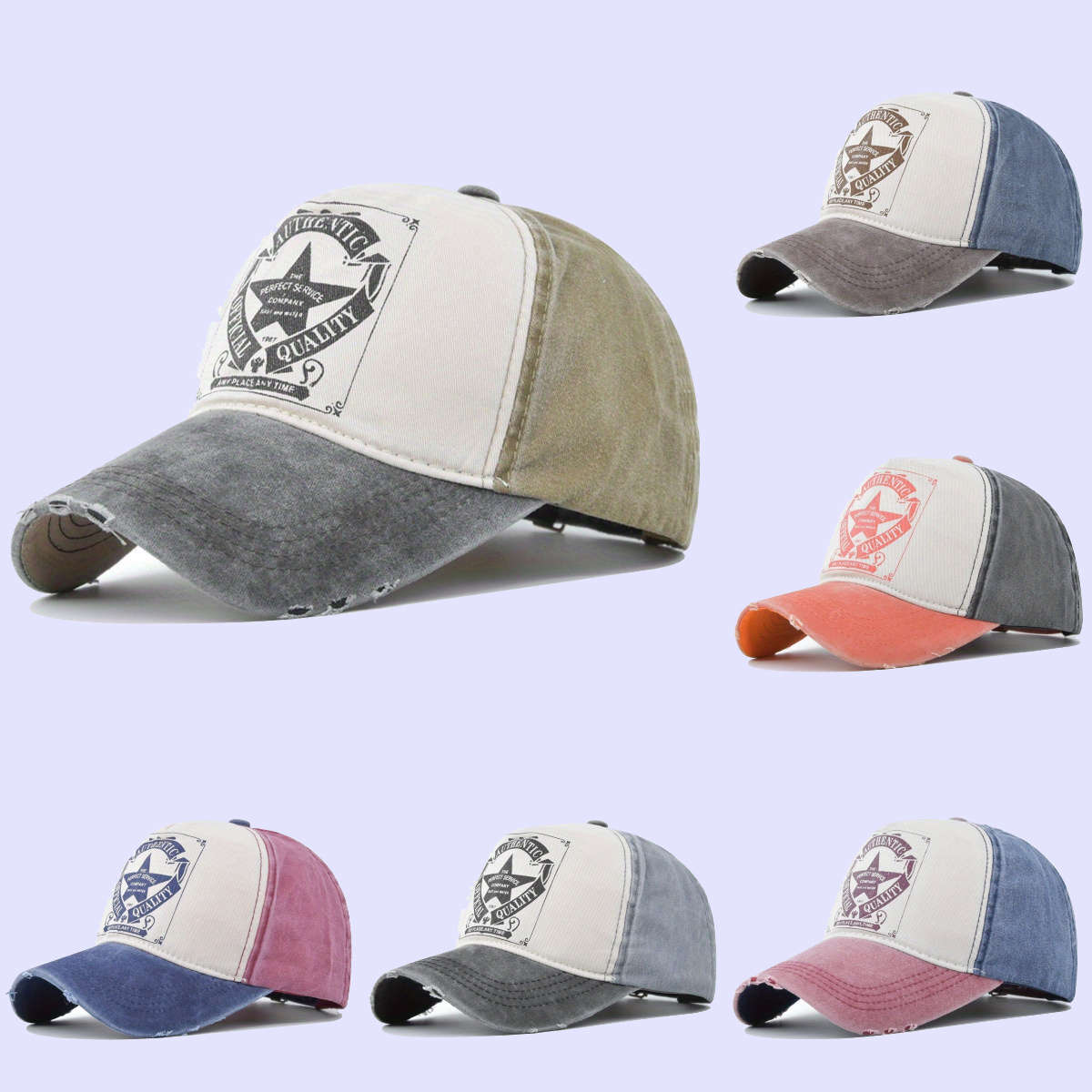 Vintage Star Print Baseball Cap Washed Shabby Look Color Blocking Snapback Sun Hat