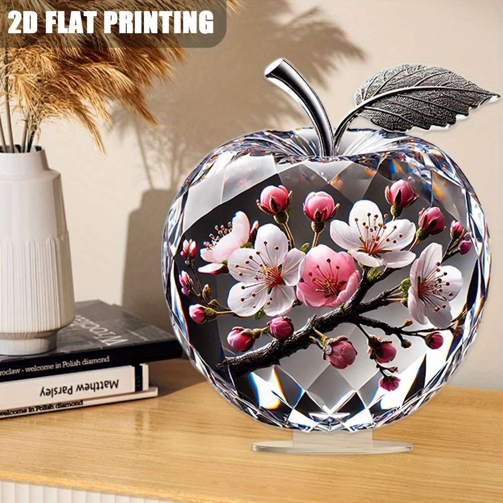 1pc 2D Flat   Printing Art Deco Acrylic Apple Statue with Cherry Blossom Design Universal Holida