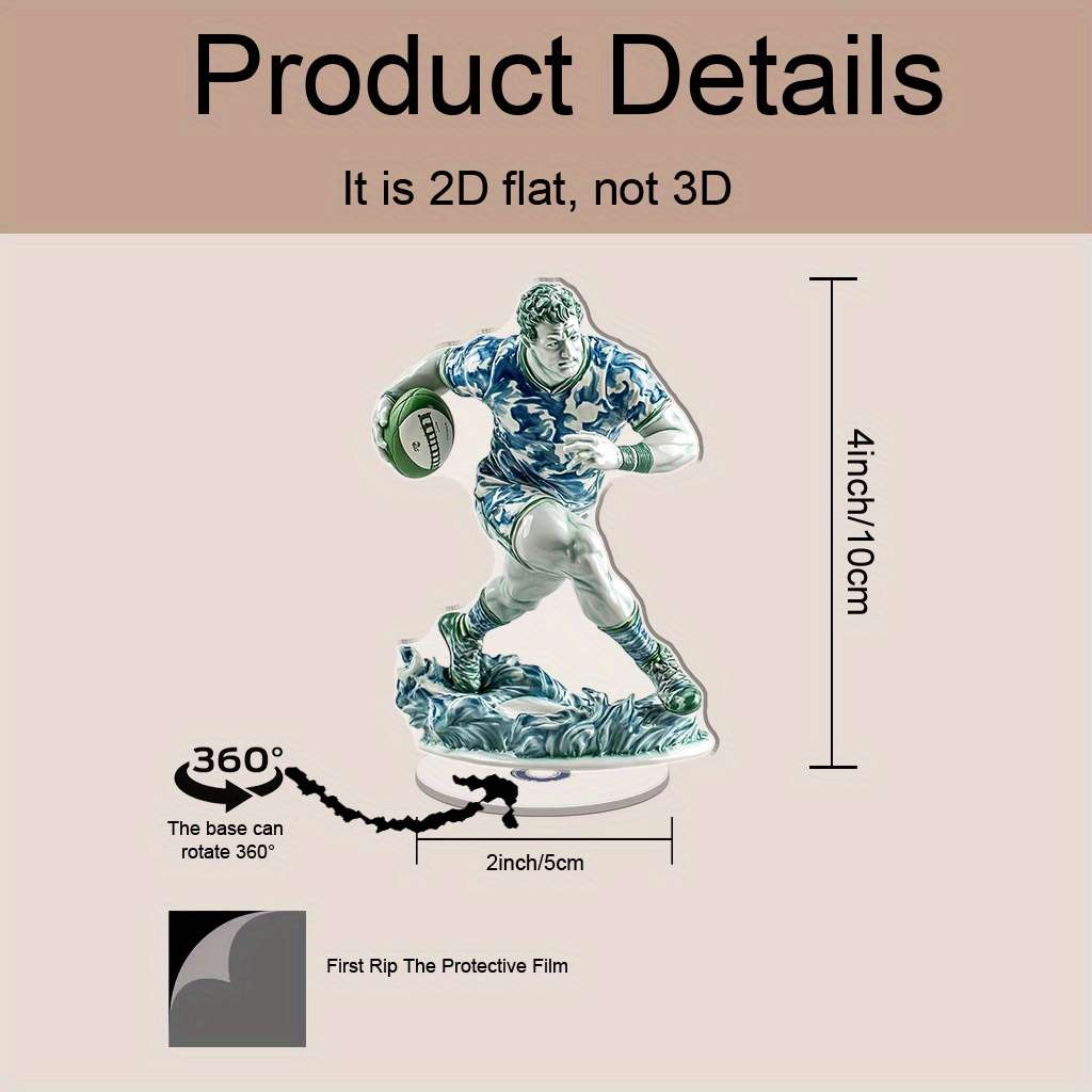 2D Flat Rotating Acrylic Rugby Player Figurine Blue and White Porcelain Style Relax Deskt